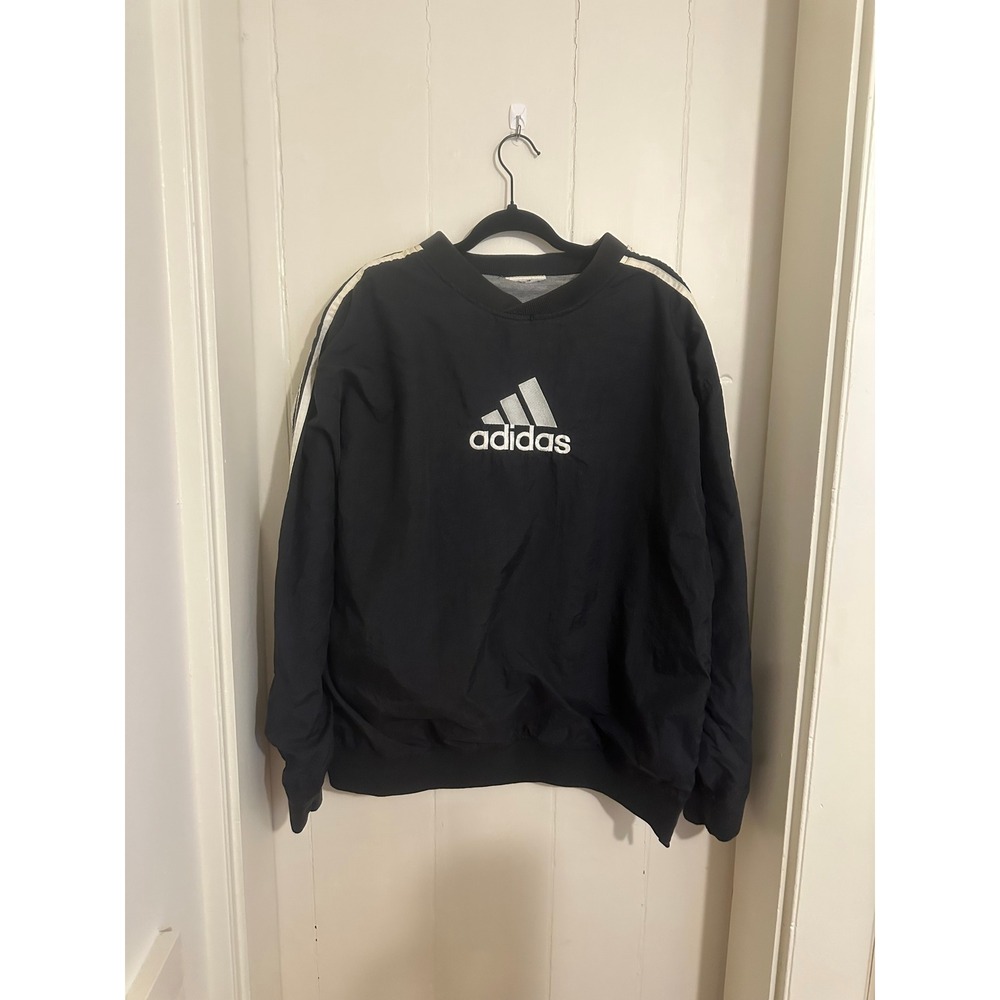 Adidas Black Crewneck Track Jacket With White Stripes‎ Full Zip Men's Size Large